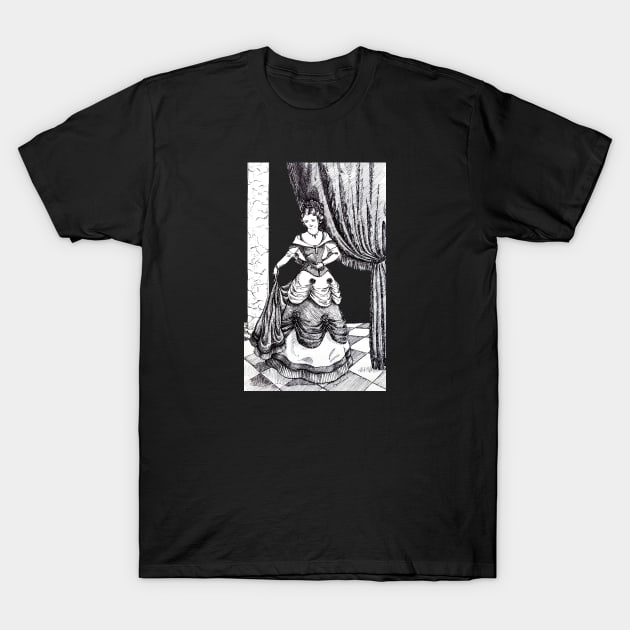 Ink drawing - vintage lady in ballroom T-Shirt by LadyCaro1